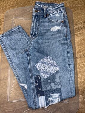 American Eagle Outfitters Women’s Straight Leg Blue Patchwork Jeans